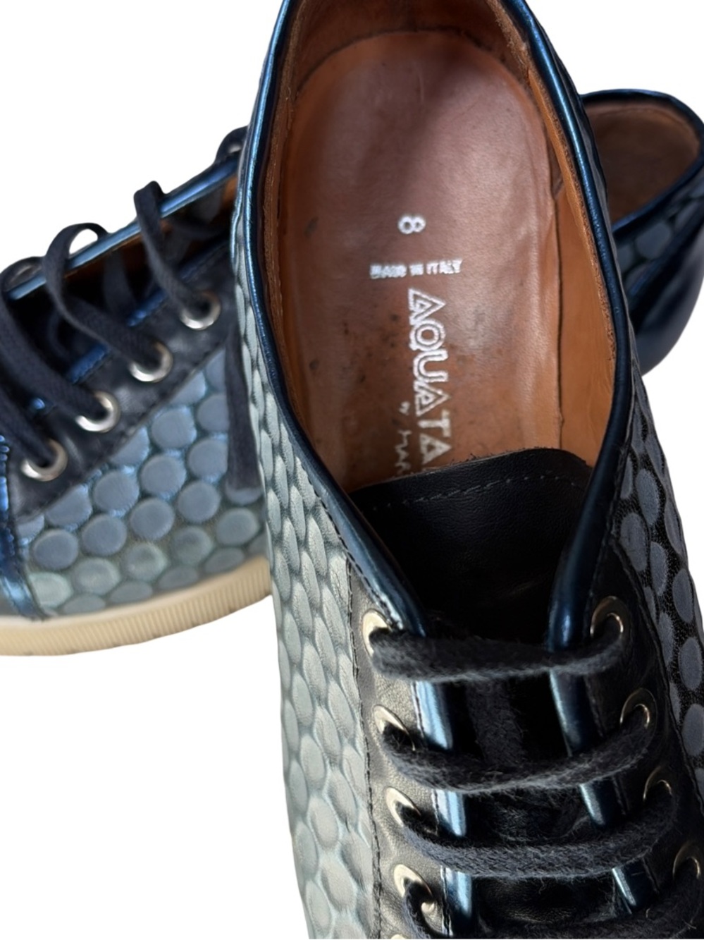 Aquatalia Black Hex-Pattern Leather Lace-Up Sneakers